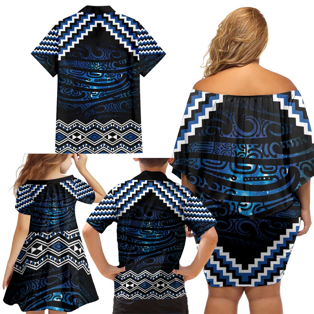 New Zealand Matariki Family Matching Off Shoulder Short Dress and Hawaiian Shirt Galaxy Styled Taniko