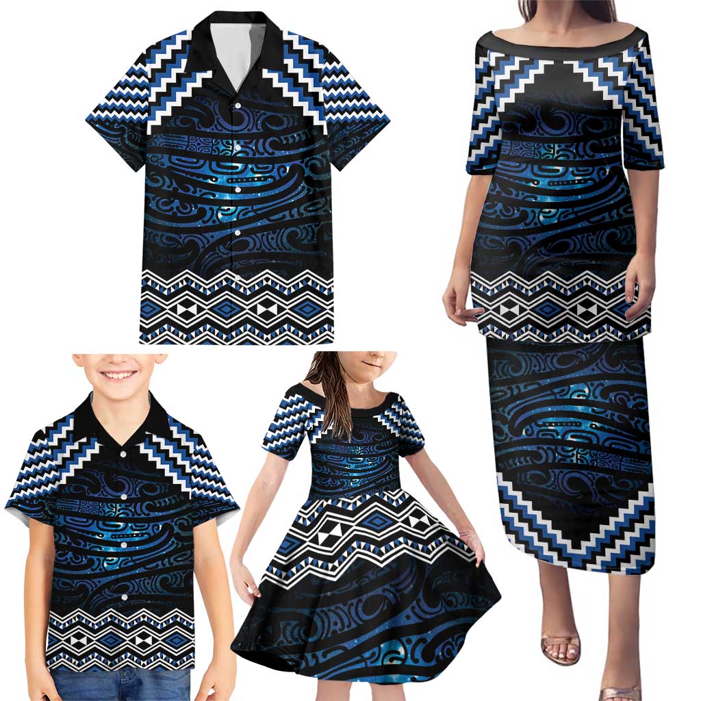 New Zealand Matariki Family Matching Puletasi and Hawaiian Shirt Galaxy Styled Taniko