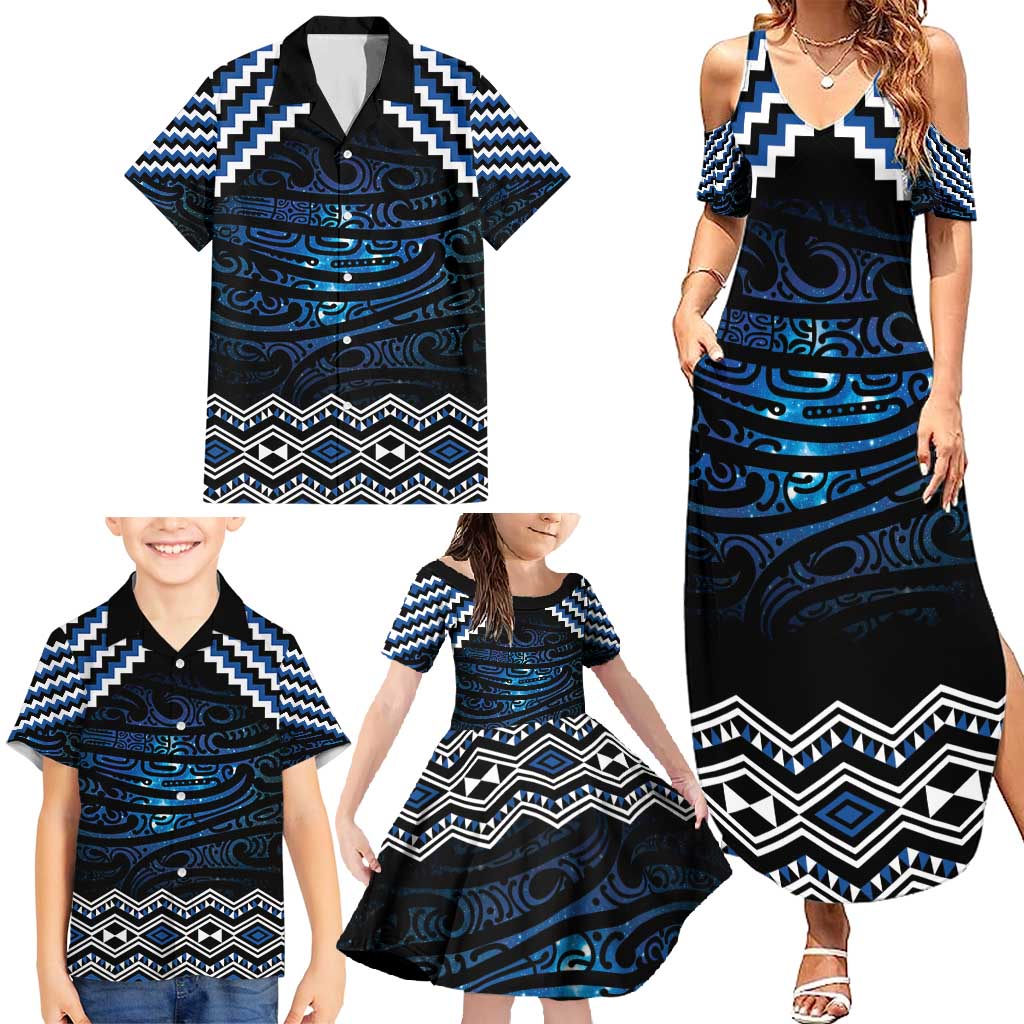 New Zealand Matariki Family Matching Summer Maxi Dress and Hawaiian Shirt Galaxy Styled Taniko