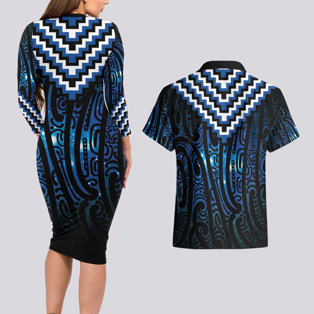 New Zealand Matariki Couples Matching Long Sleeve Bodycon Dress and Hawaiian Shirt Galaxy Poutama Motifs