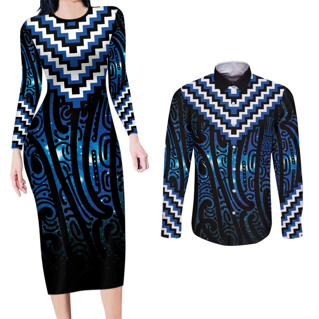New Zealand Matariki Couples Matching Long Sleeve Bodycon Dress and Long Sleeve Button Shirt Galaxy Poutama Motifs