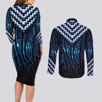 New Zealand Matariki Couples Matching Long Sleeve Bodycon Dress and Long Sleeve Button Shirt Galaxy Poutama Motifs