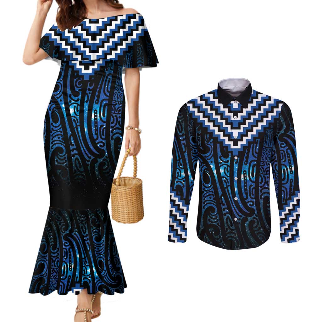 New Zealand Matariki Couples Matching Mermaid Dress and Long Sleeve Button Shirt Galaxy Poutama Motifs