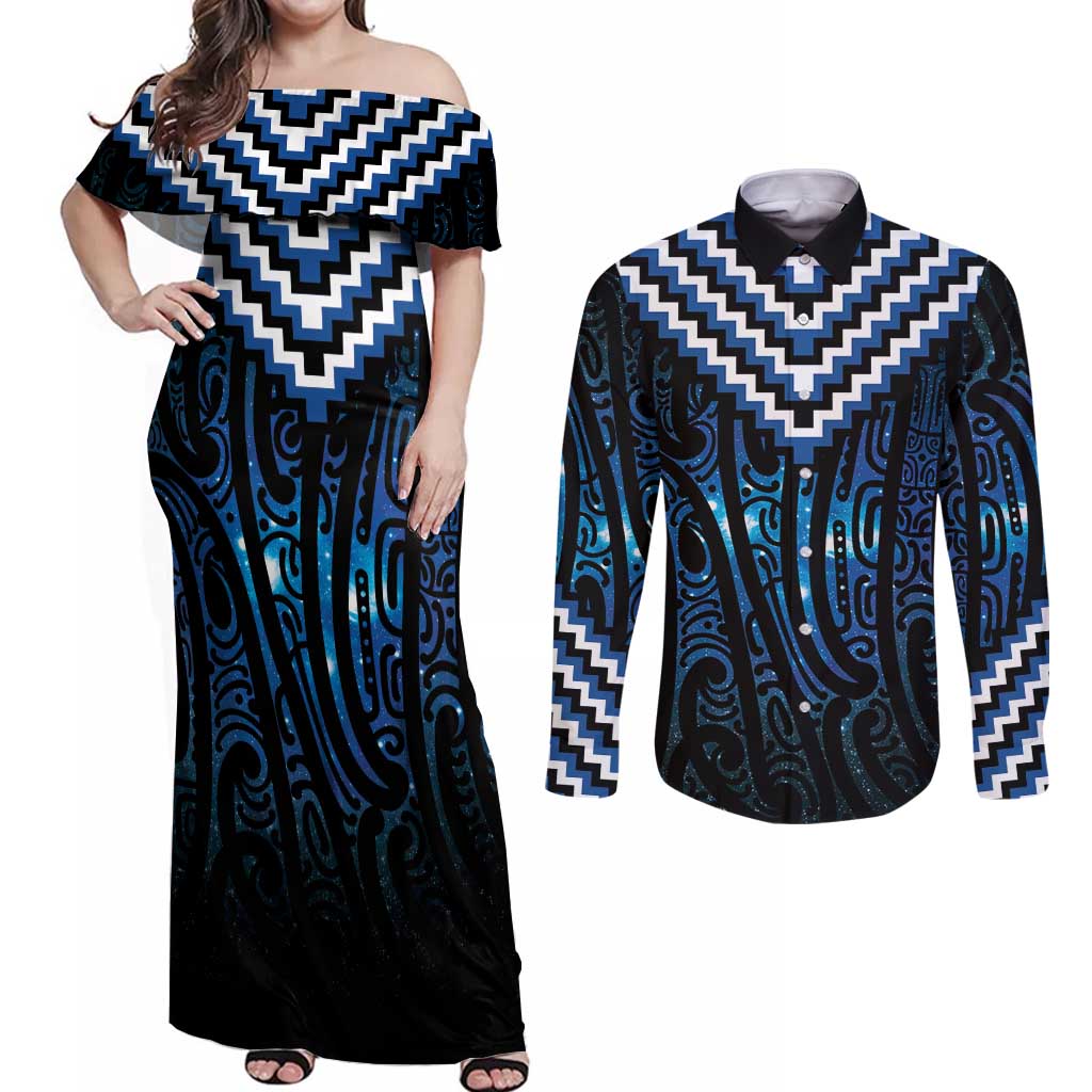 New Zealand Matariki Couples Matching Off Shoulder Maxi Dress and Long Sleeve Button Shirt Galaxy Poutama Motifs