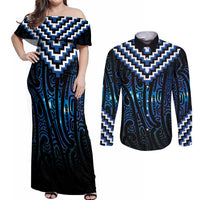 New Zealand Matariki Couples Matching Off Shoulder Maxi Dress and Long Sleeve Button Shirt Galaxy Poutama Motifs