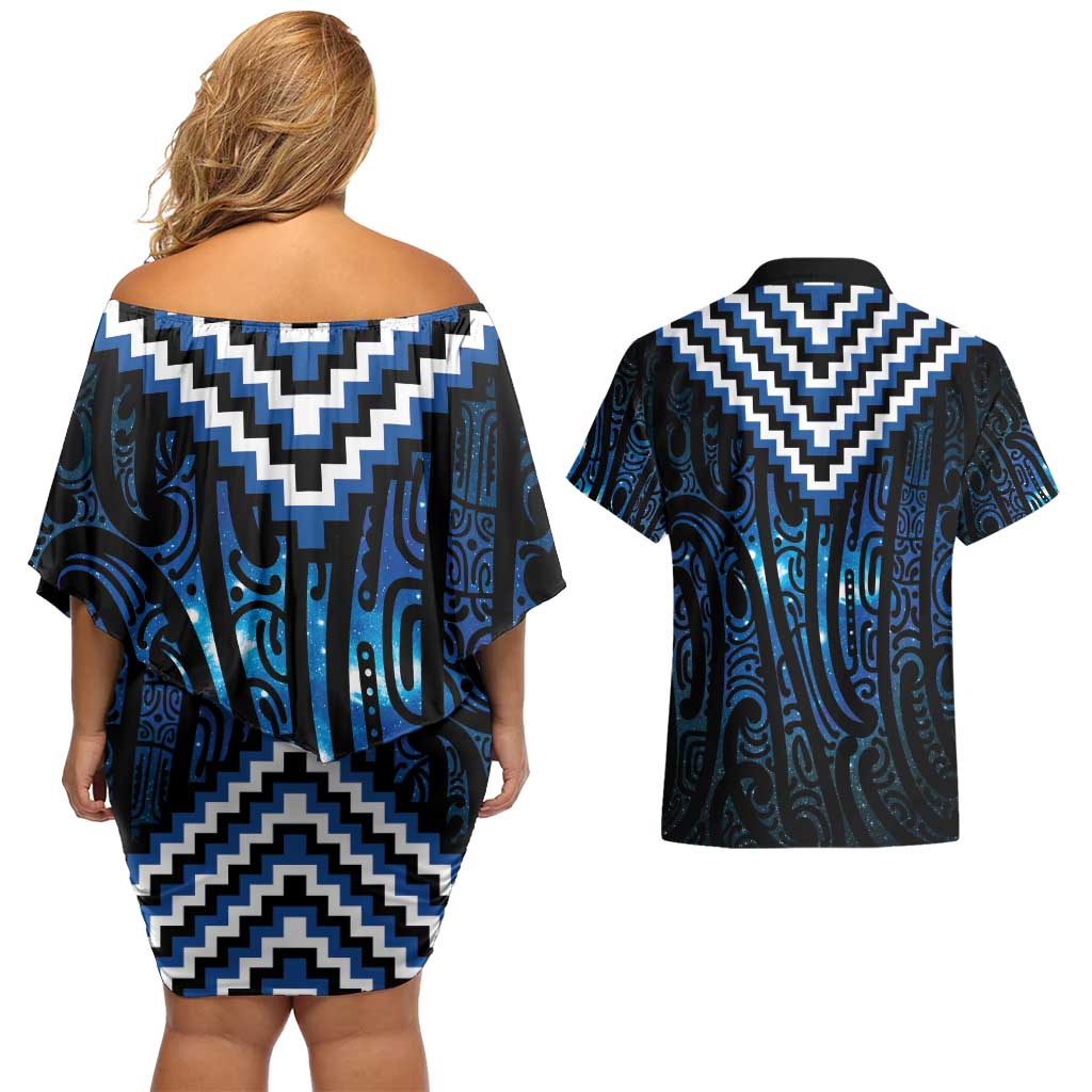New Zealand Matariki Couples Matching Off Shoulder Short Dress and Hawaiian Shirt Galaxy Poutama Motifs