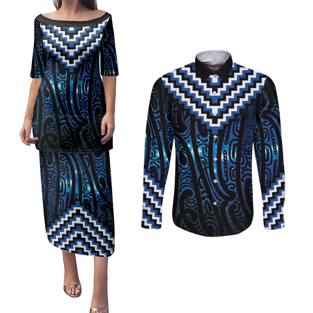 New Zealand Matariki Couples Matching Puletasi and Long Sleeve Button Shirt Galaxy Poutama Motifs