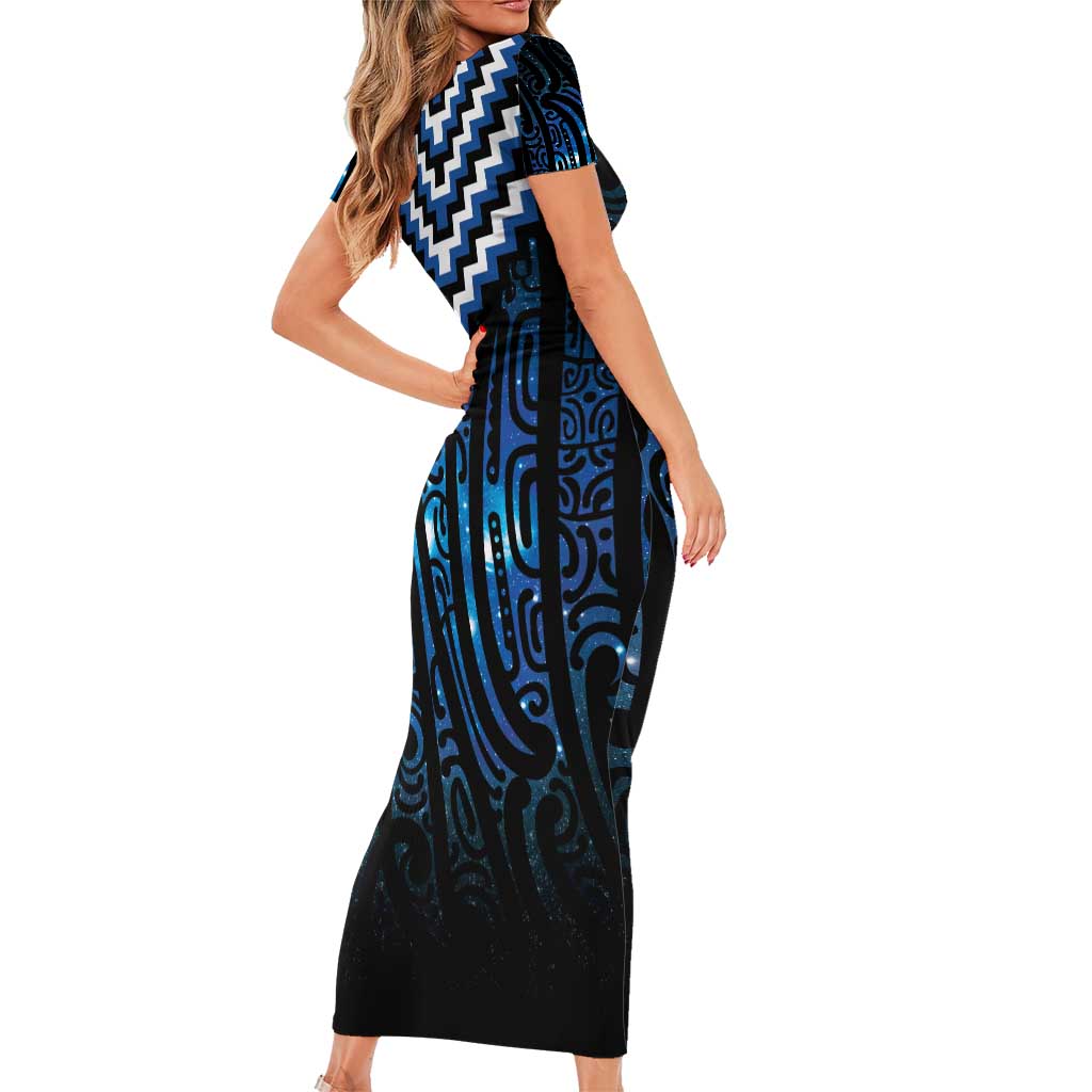 New Zealand Matariki Family Matching Short Sleeve Bodycon Dress and Hawaiian Shirt Galaxy Poutama Motifs