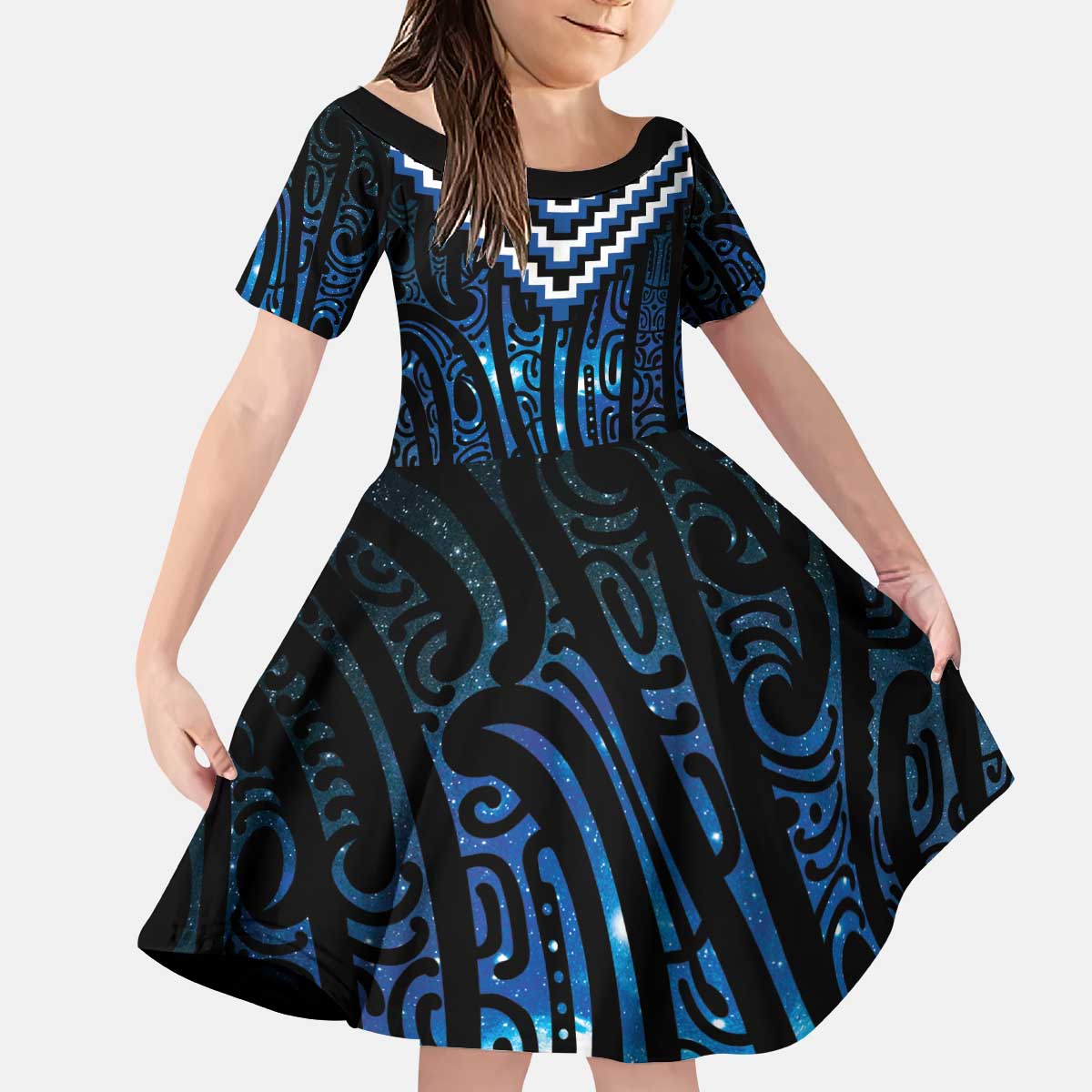 New Zealand Matariki Kid Short Sleeve Dress Galaxy Poutama Motifs