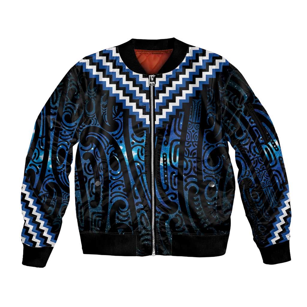 New Zealand Matariki Sleeve Zip Bomber Jacket Galaxy Poutama Motifs LT7 Unisex Blue - Polynesian Pride