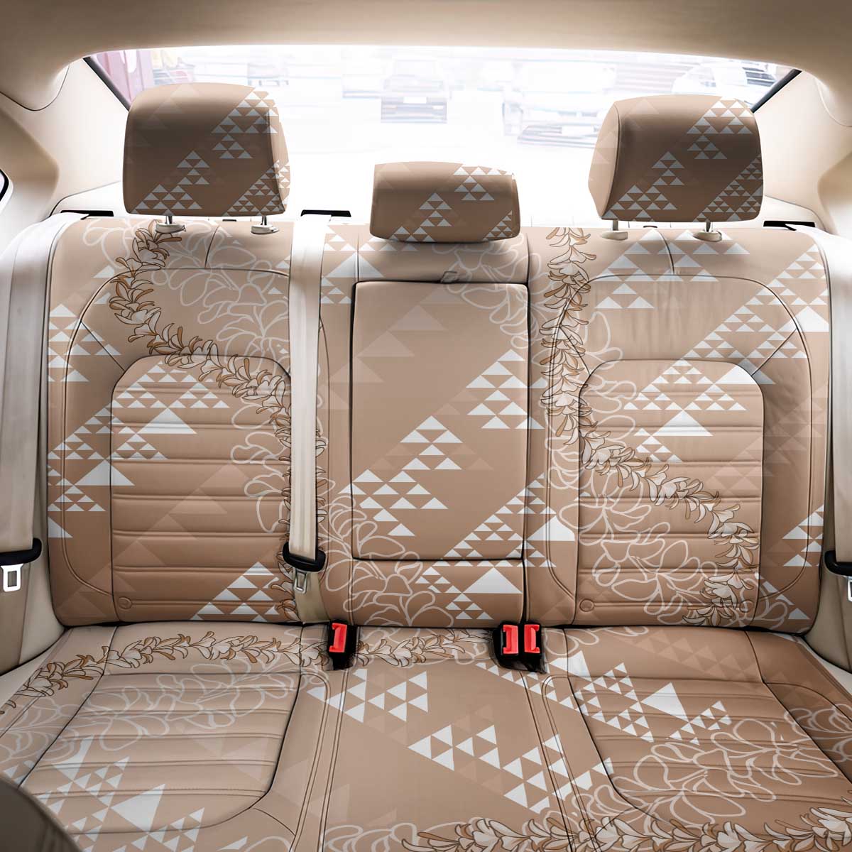 Hawaii Beige Kapa Back Car Seat Cover Vintage 'Ohe Kāpala Motifs Mix Plumeria Leis