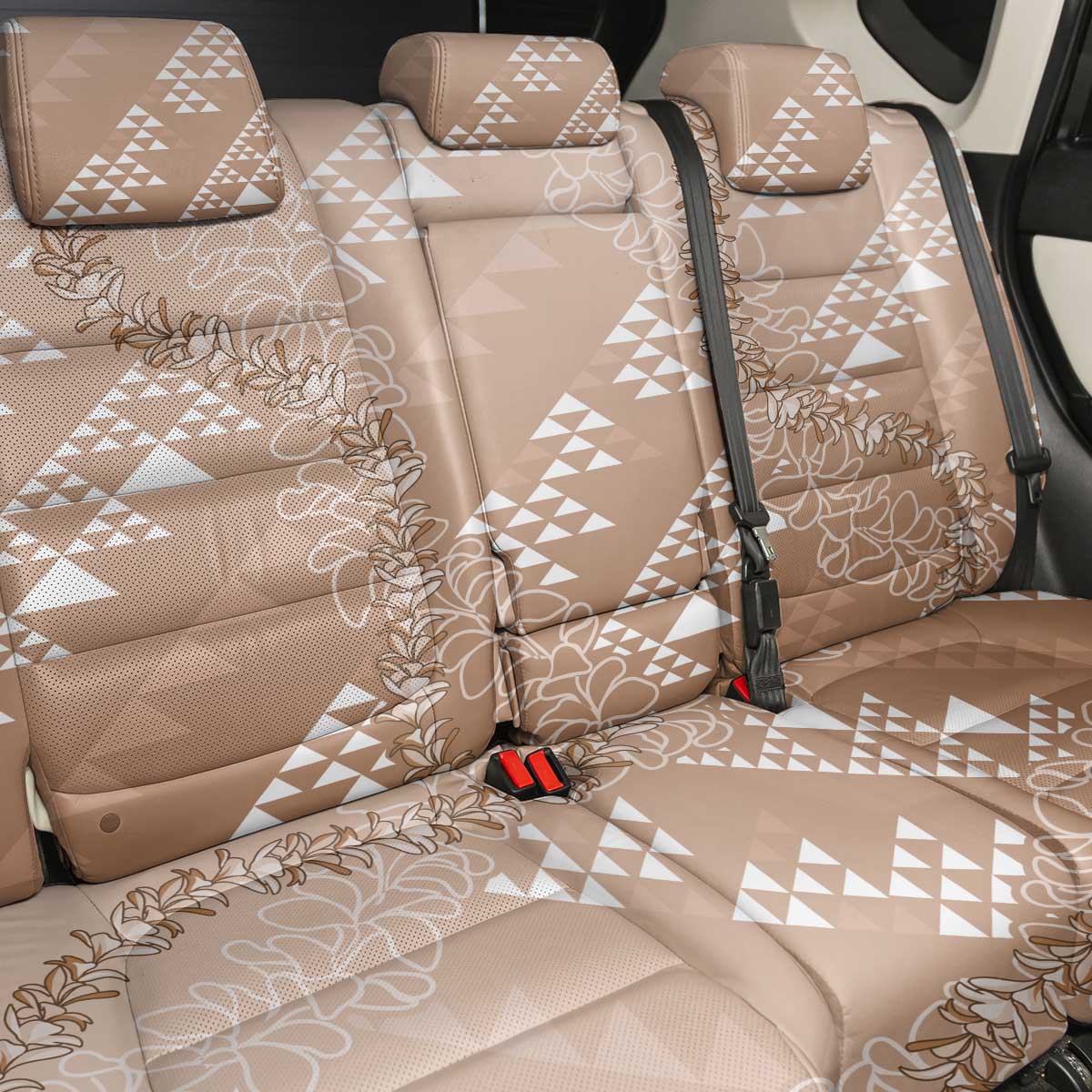 Hawaii Beige Kapa Back Car Seat Cover Vintage 'Ohe Kāpala Motifs Mix Plumeria Leis