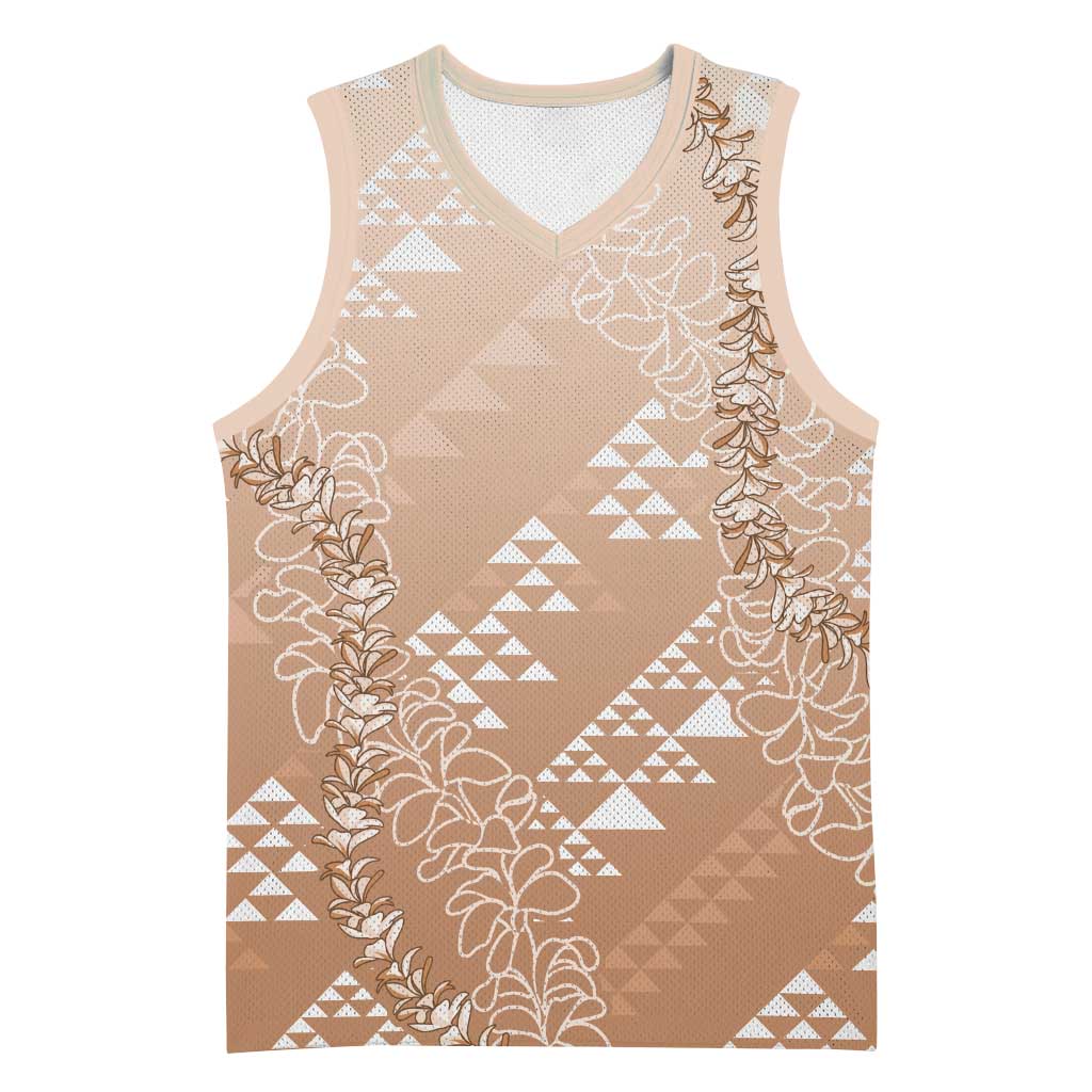 Hawaii Beige Kapa Basketball Jersey Vintage 'Ohe Kāpala Motifs Mix Plumeria Leis