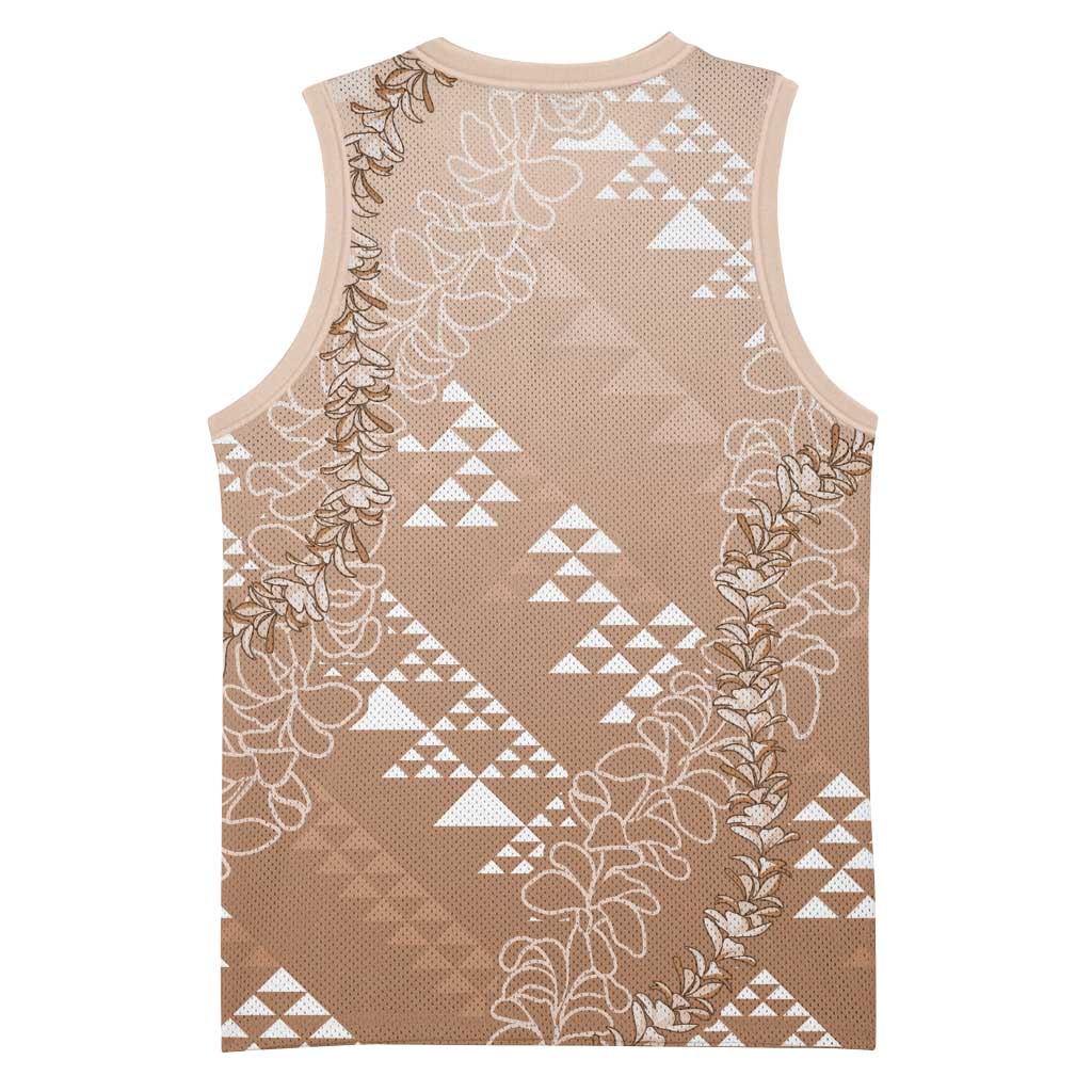 Hawaii Beige Kapa Basketball Jersey Vintage 'Ohe Kāpala Motifs Mix Plumeria Leis