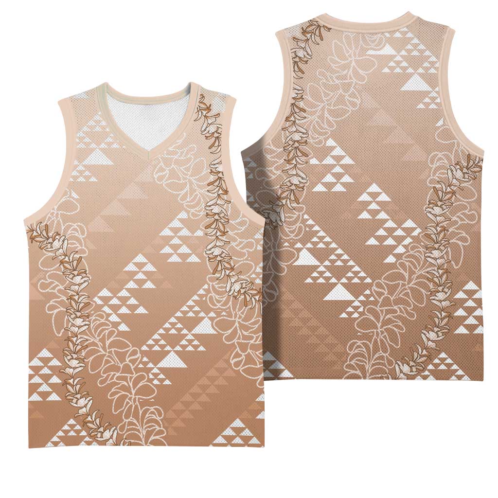 Hawaii Beige Kapa Basketball Jersey Vintage 'Ohe Kāpala Motifs Mix Plumeria Leis
