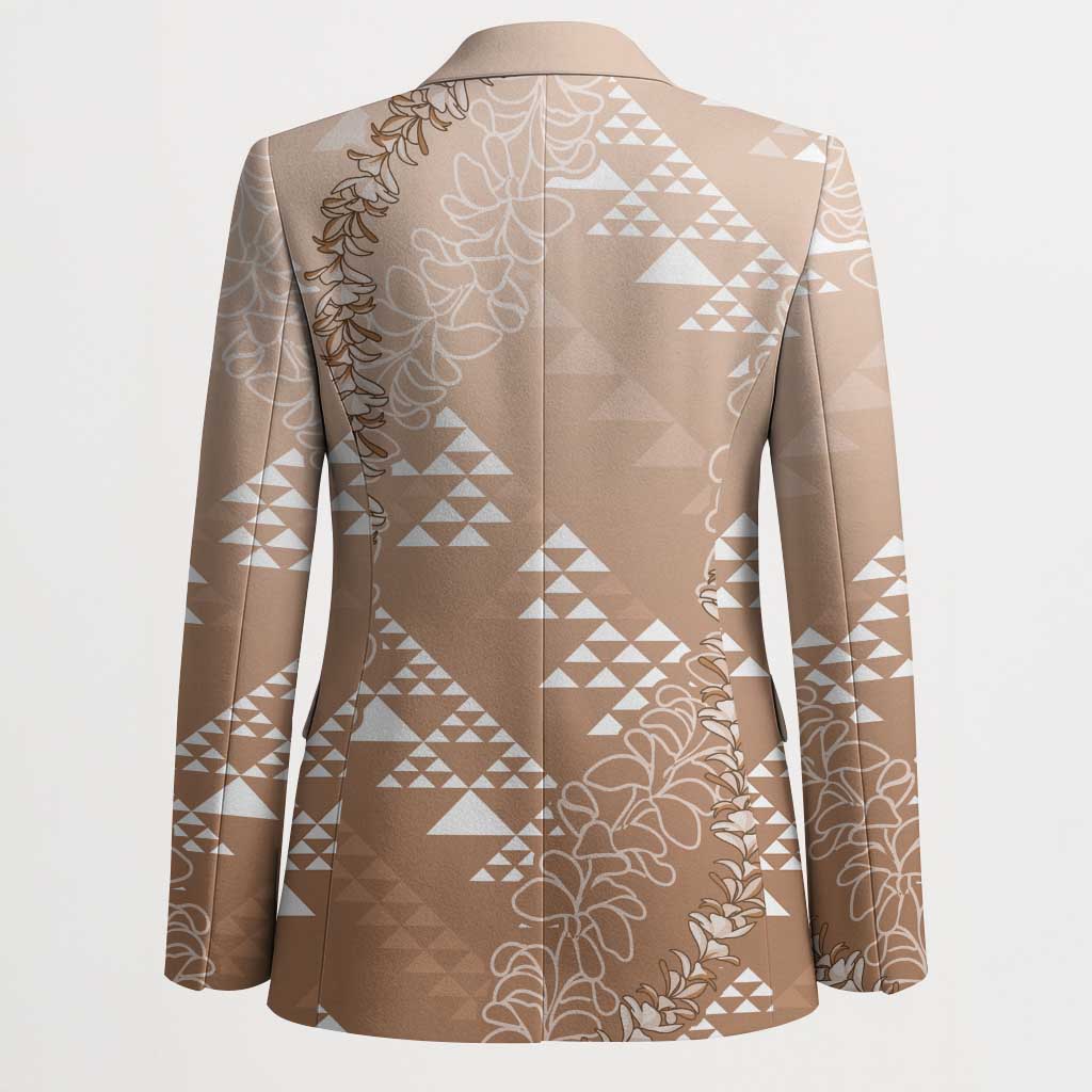 Hawaii Beige Kapa Blazer Vintage 'Ohe Kāpala Motifs Mix Plumeria Leis LT7 - Polynesian Pride