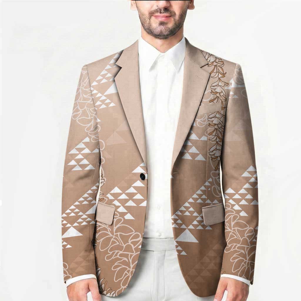 Hawaii Beige Kapa Blazer Vintage 'Ohe Kāpala Motifs Mix Plumeria Leis LT7 - Polynesian Pride