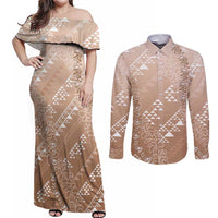 Hawaii Beige Kapa Couples Matching Off Shoulder Maxi Dress and Long Sleeve Button Shirt Vintage 'Ohe Kāpala Motifs Mix Plumeria Leis