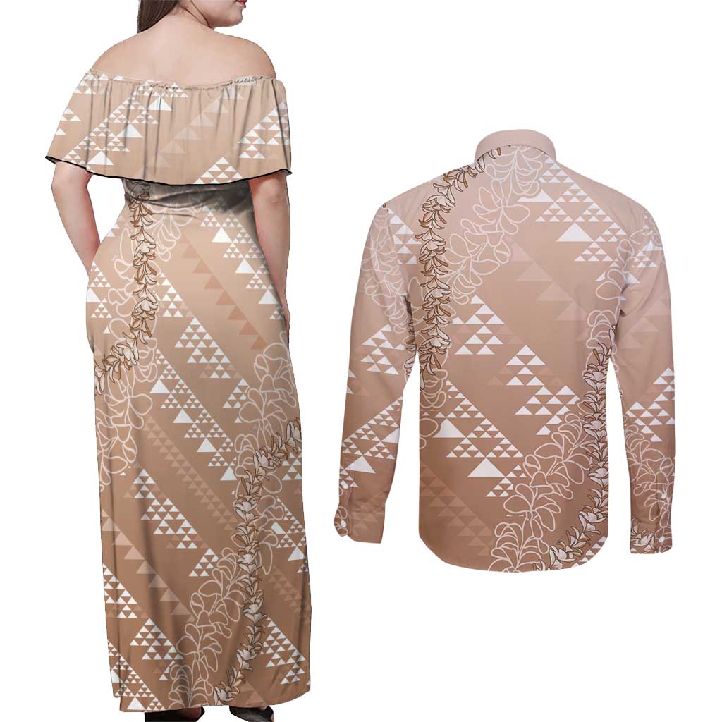 Hawaii Beige Kapa Couples Matching Off Shoulder Maxi Dress and Long Sleeve Button Shirt Vintage 'Ohe Kāpala Motifs Mix Plumeria Leis