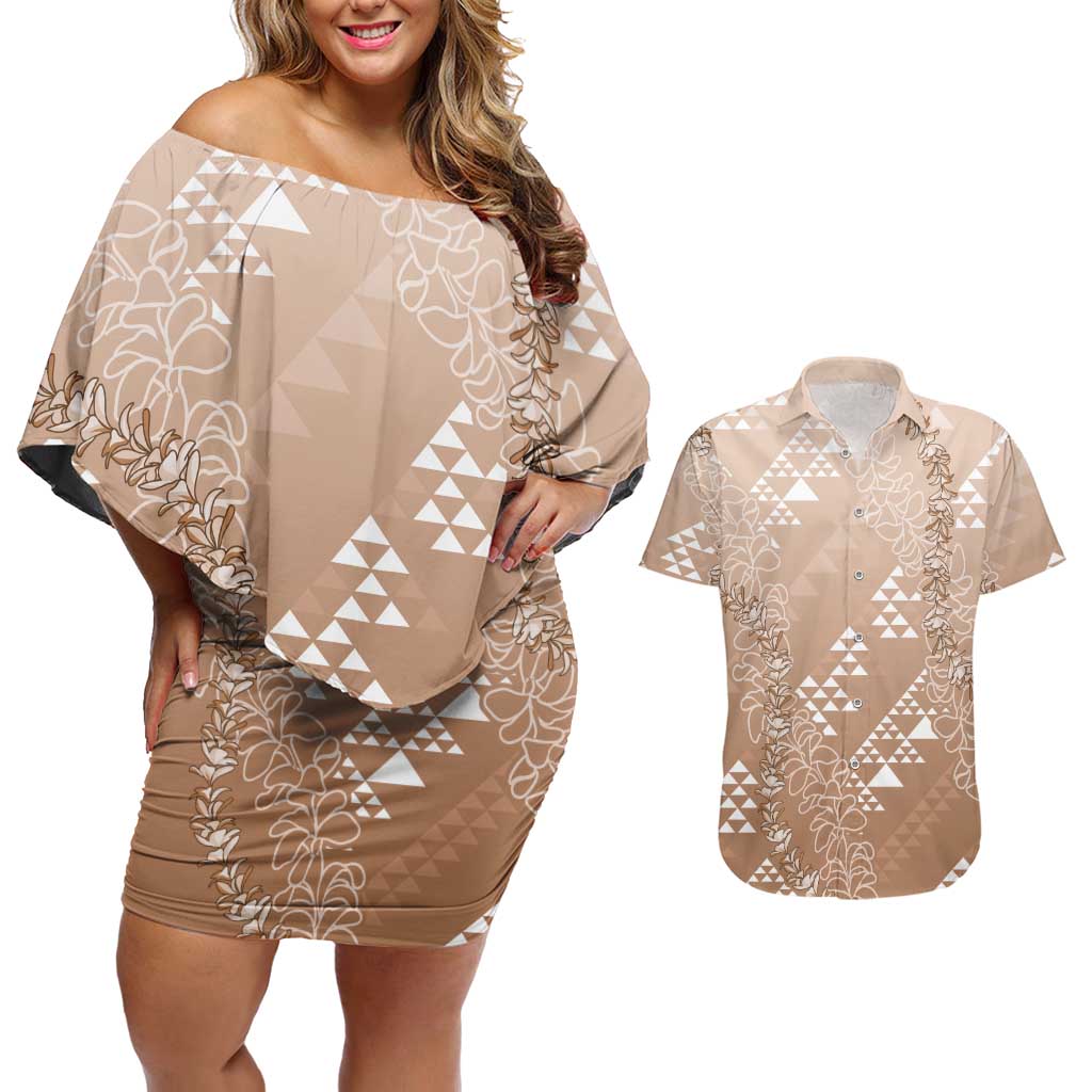 Hawaii Beige Kapa Couples Matching Off Shoulder Short Dress and Hawaiian Shirt Vintage 'Ohe Kāpala Motifs Mix Plumeria Leis