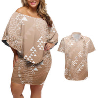 Hawaii Beige Kapa Couples Matching Off Shoulder Short Dress and Hawaiian Shirt Vintage 'Ohe Kāpala Motifs Mix Plumeria Leis