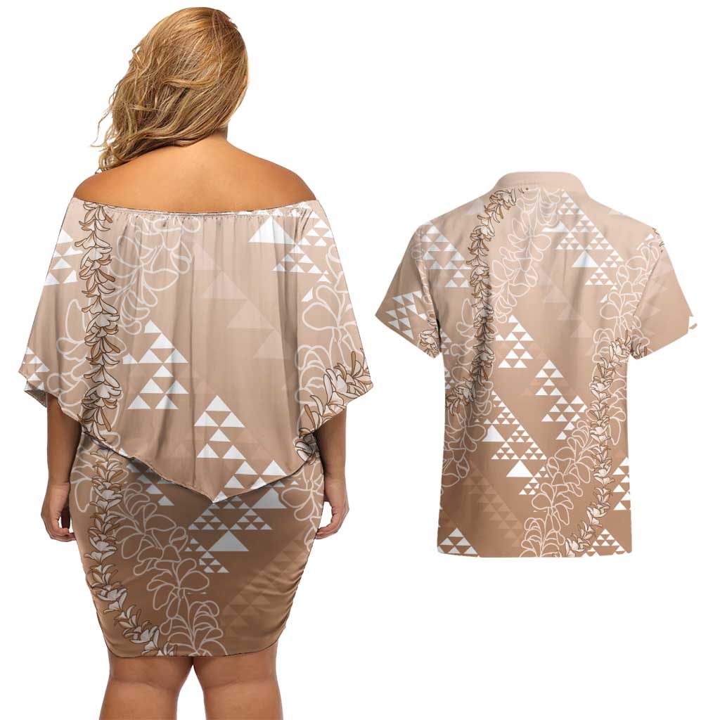 Hawaii Beige Kapa Couples Matching Off Shoulder Short Dress and Hawaiian Shirt Vintage 'Ohe Kāpala Motifs Mix Plumeria Leis