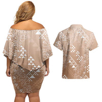 Hawaii Beige Kapa Couples Matching Off Shoulder Short Dress and Hawaiian Shirt Vintage 'Ohe Kāpala Motifs Mix Plumeria Leis