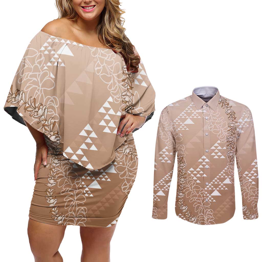 Hawaii Beige Kapa Couples Matching Off Shoulder Short Dress and Long Sleeve Button Shirt Vintage 'Ohe Kāpala Motifs Mix Plumeria Leis