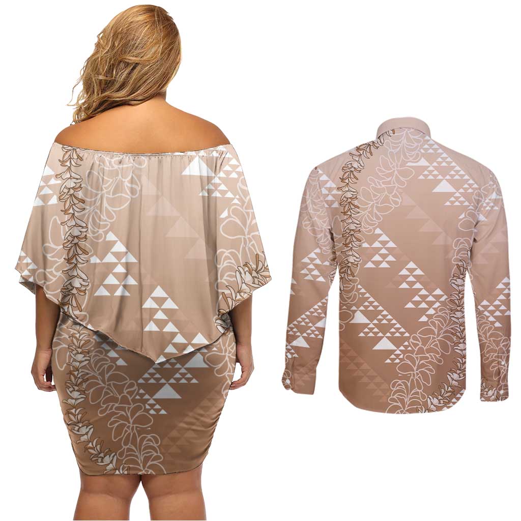 Hawaii Beige Kapa Couples Matching Off Shoulder Short Dress and Long Sleeve Button Shirt Vintage 'Ohe Kāpala Motifs Mix Plumeria Leis