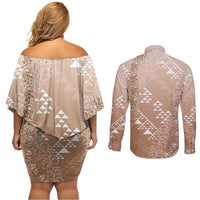 Hawaii Beige Kapa Couples Matching Off Shoulder Short Dress and Long Sleeve Button Shirt Vintage 'Ohe Kāpala Motifs Mix Plumeria Leis