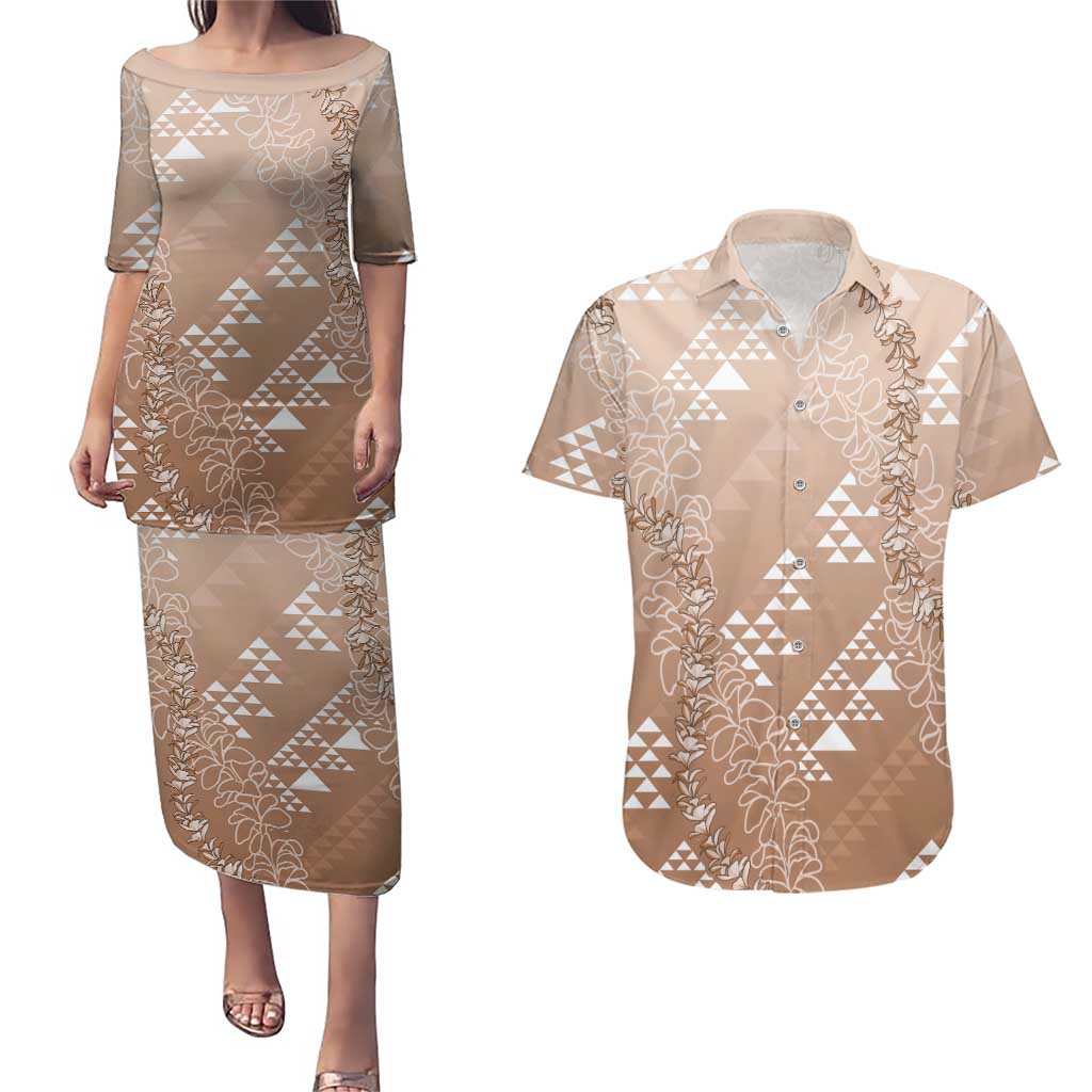 Hawaii Beige Kapa Couples Matching Puletasi and Hawaiian Shirt Vintage 'Ohe Kāpala Motifs Mix Plumeria Leis