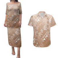 Hawaii Beige Kapa Couples Matching Puletasi and Hawaiian Shirt Vintage 'Ohe Kāpala Motifs Mix Plumeria Leis