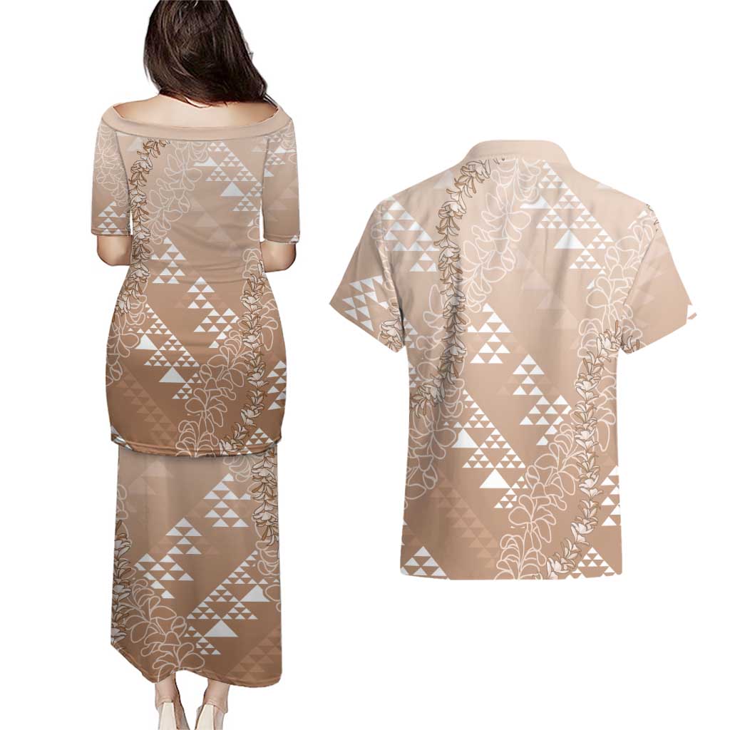Hawaii Beige Kapa Couples Matching Puletasi and Hawaiian Shirt Vintage 'Ohe Kāpala Motifs Mix Plumeria Leis