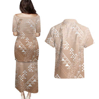 Hawaii Beige Kapa Couples Matching Puletasi and Hawaiian Shirt Vintage 'Ohe Kāpala Motifs Mix Plumeria Leis