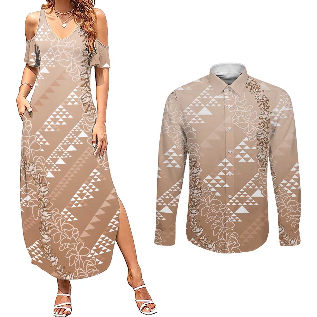Hawaii Beige Kapa Couples Matching Summer Maxi Dress and Long Sleeve Button Shirt Vintage 'Ohe Kāpala Motifs Mix Plumeria Leis