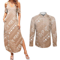 Hawaii Beige Kapa Couples Matching Summer Maxi Dress and Long Sleeve Button Shirt Vintage 'Ohe Kāpala Motifs Mix Plumeria Leis