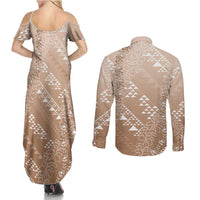 Hawaii Beige Kapa Couples Matching Summer Maxi Dress and Long Sleeve Button Shirt Vintage 'Ohe Kāpala Motifs Mix Plumeria Leis