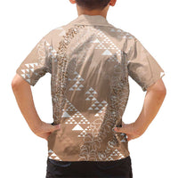 Hawaii Beige Kapa Family Matching Off Shoulder Short Dress and Hawaiian Shirt Vintage 'Ohe Kāpala Motifs Mix Plumeria Leis