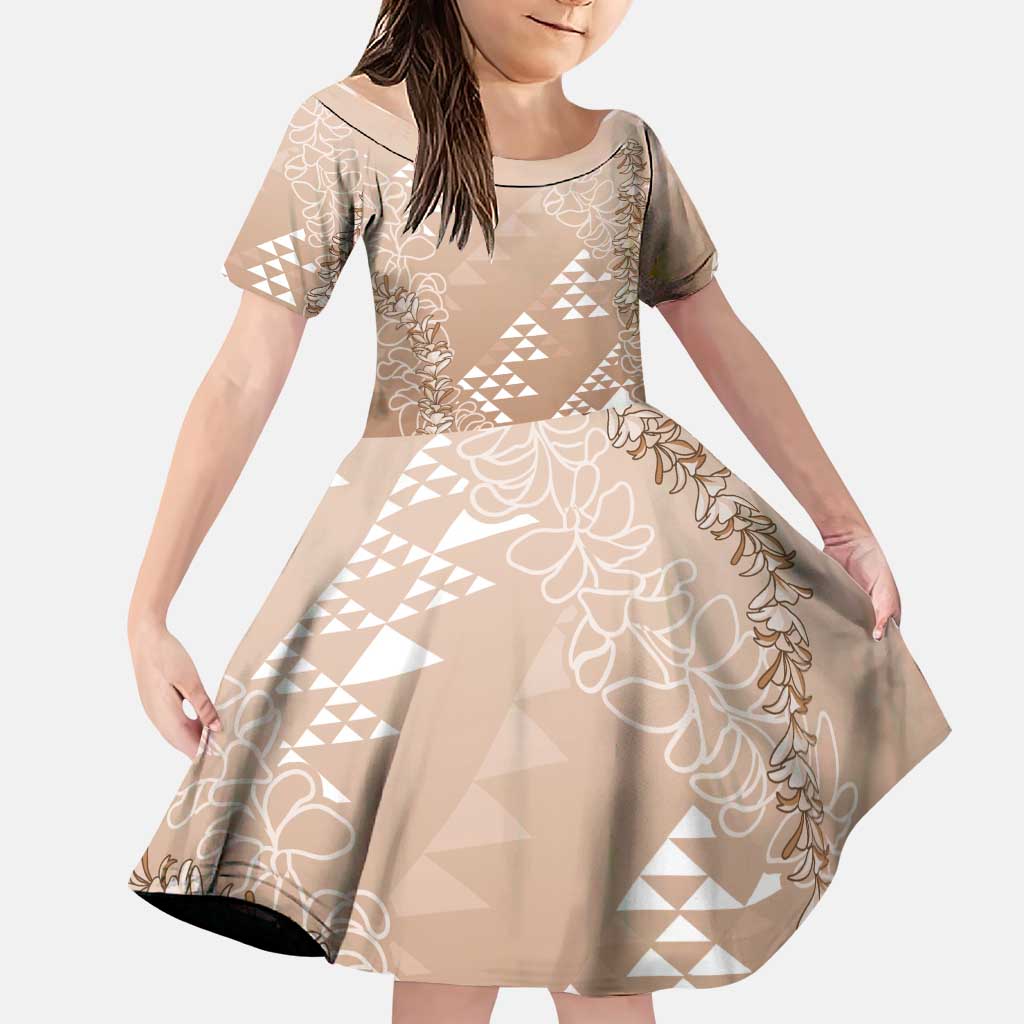 Hawaii Beige Kapa Family Matching Off Shoulder Short Dress and Hawaiian Shirt Vintage 'Ohe Kāpala Motifs Mix Plumeria Leis