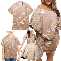 Hawaii Beige Kapa Family Matching Off Shoulder Short Dress and Hawaiian Shirt Vintage 'Ohe Kāpala Motifs Mix Plumeria Leis