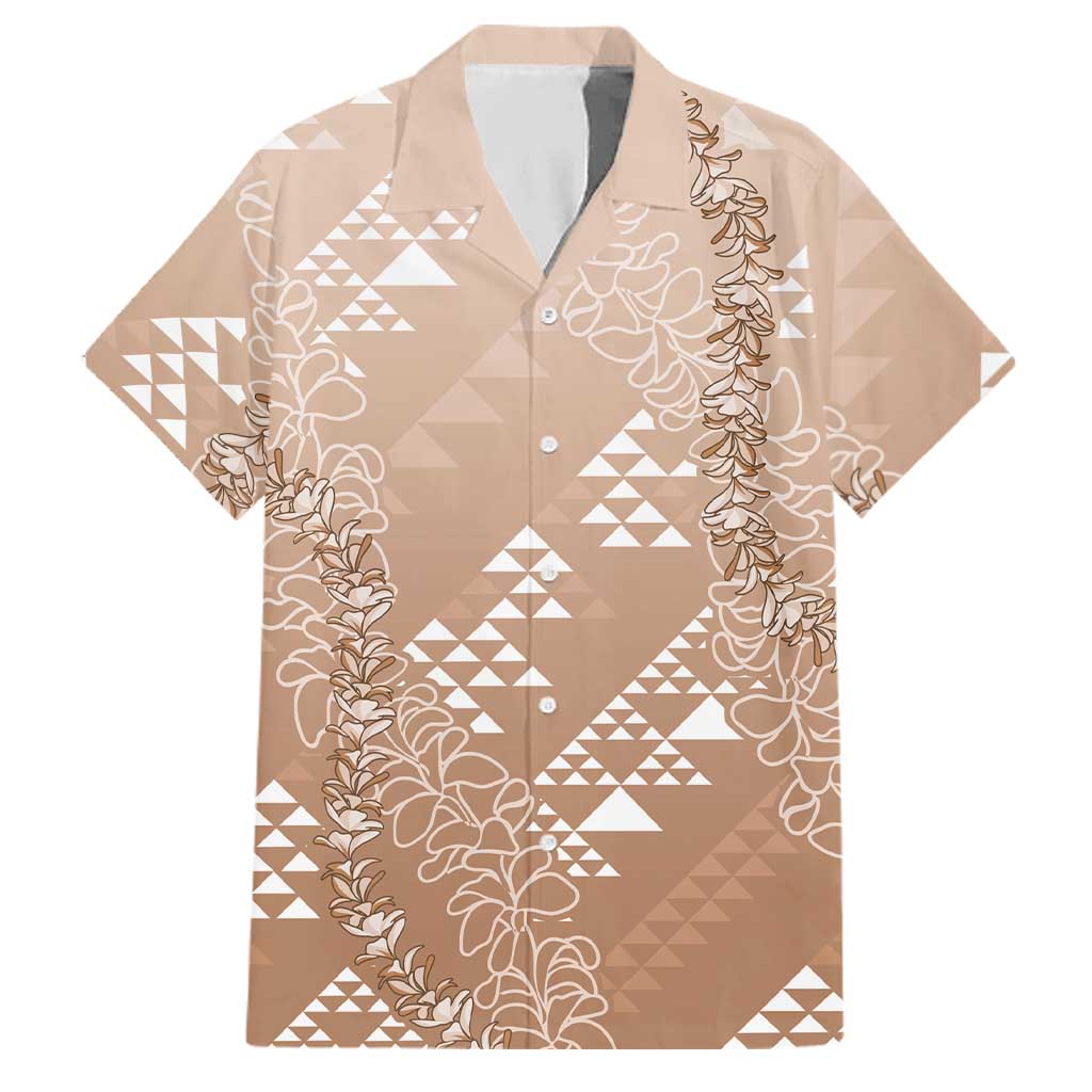 Hawaii Beige Kapa Family Matching Off Shoulder Short Dress and Hawaiian Shirt Vintage 'Ohe Kāpala Motifs Mix Plumeria Leis