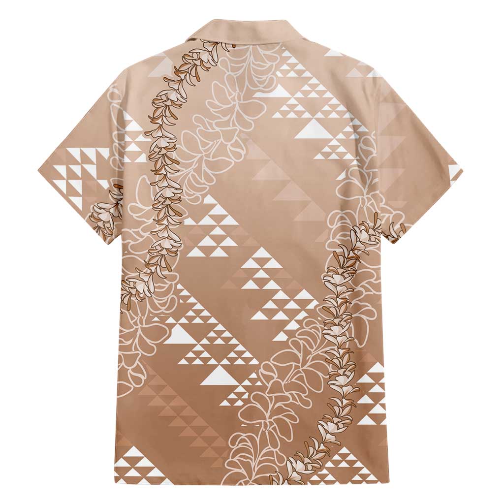 Hawaii Beige Kapa Family Matching Off Shoulder Short Dress and Hawaiian Shirt Vintage 'Ohe Kāpala Motifs Mix Plumeria Leis