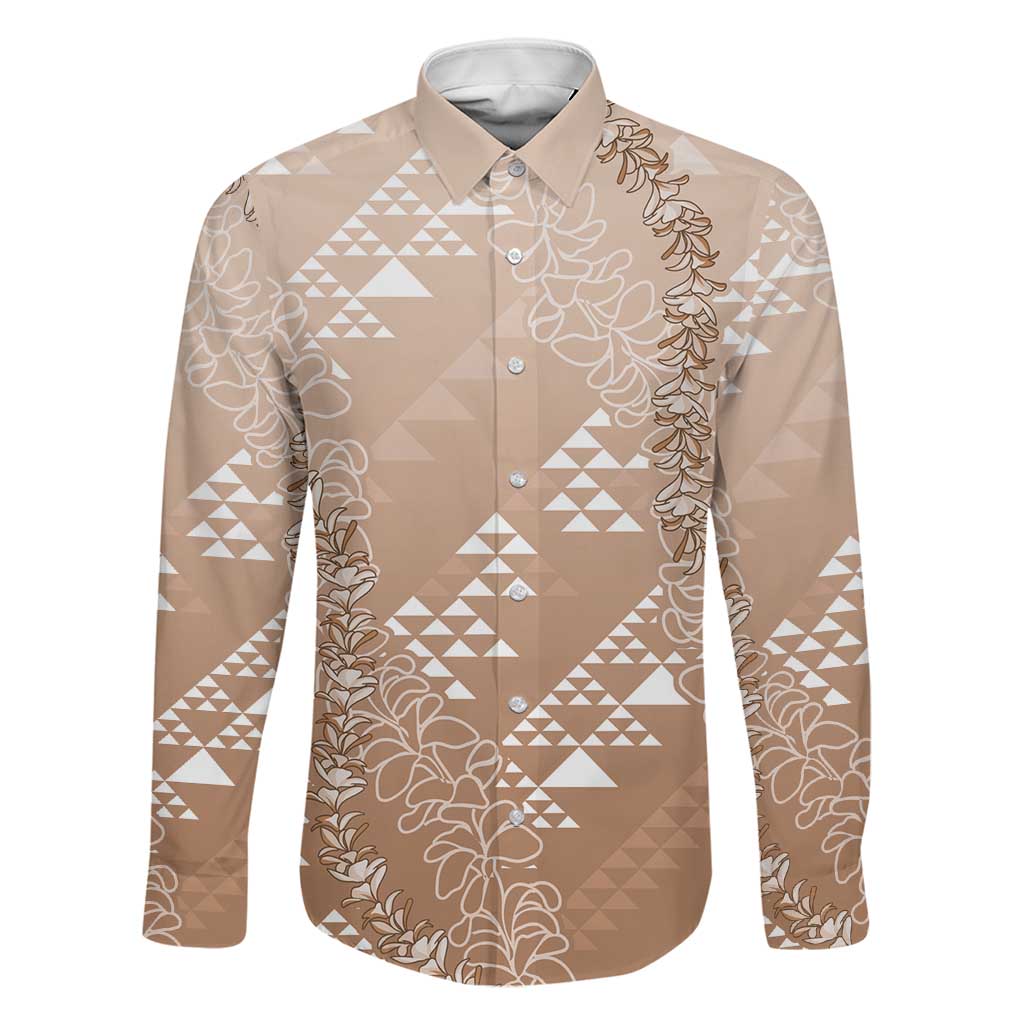 Hawaii Beige Kapa Family Matching Off Shoulder Short Dress and Hawaiian Shirt Vintage 'Ohe Kāpala Motifs Mix Plumeria Leis