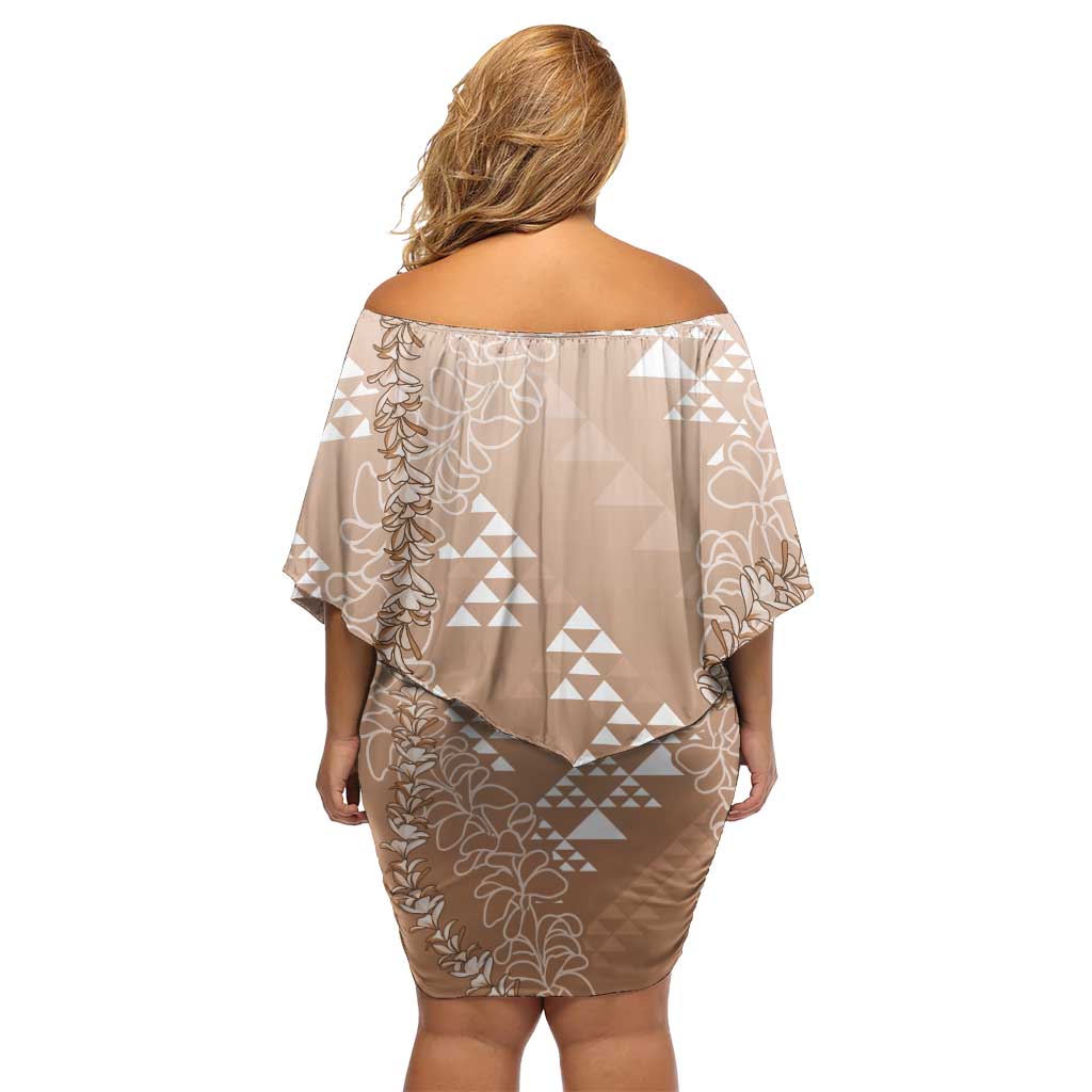 Hawaii Beige Kapa Family Matching Off Shoulder Short Dress and Hawaiian Shirt Vintage 'Ohe Kāpala Motifs Mix Plumeria Leis