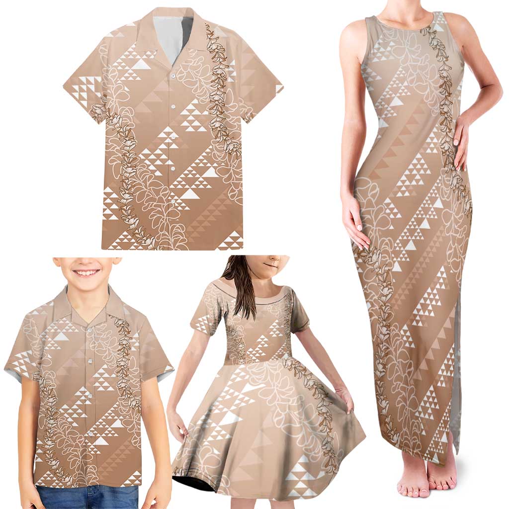 Hawaii Beige Kapa Family Matching Tank Maxi Dress and Hawaiian Shirt Vintage 'Ohe Kāpala Motifs Mix Plumeria Leis LT7 - Polynesian Pride