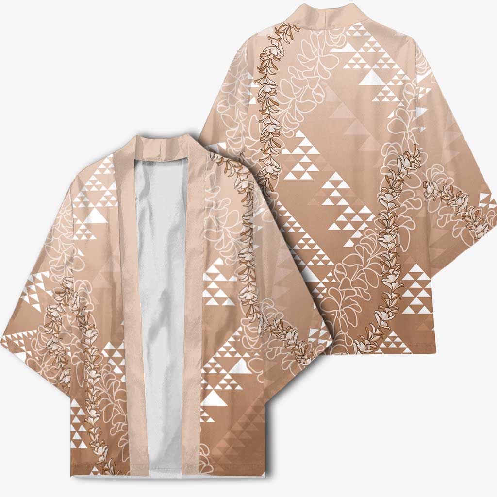 Hawaii Beige Kapa Kimono Vintage 'Ohe Kāpala Motifs Mix Plumeria Leis LT7 - Polynesian Pride