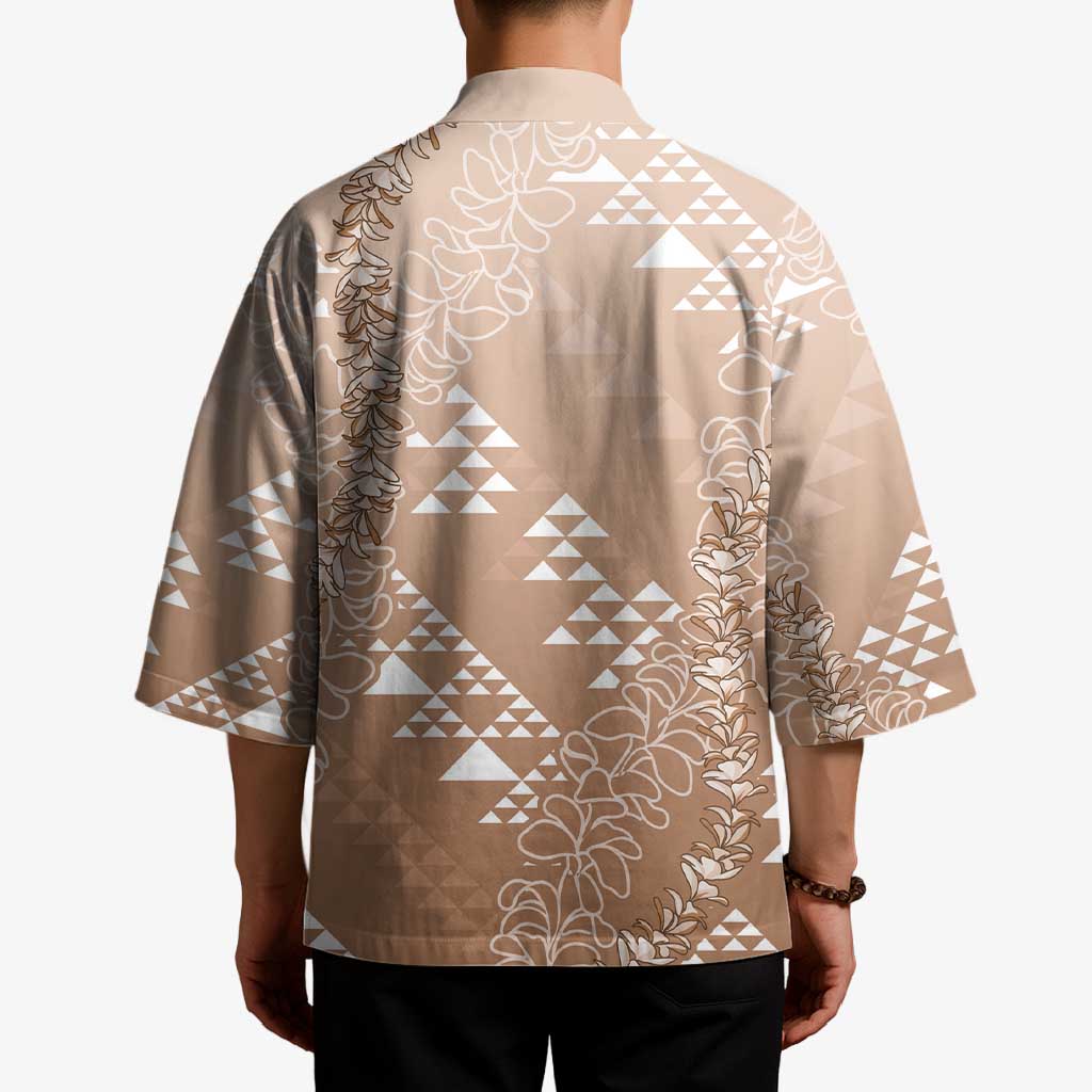 Hawaii Beige Kapa Kimono Vintage 'Ohe Kāpala Motifs Mix Plumeria Leis LT7 - Polynesian Pride
