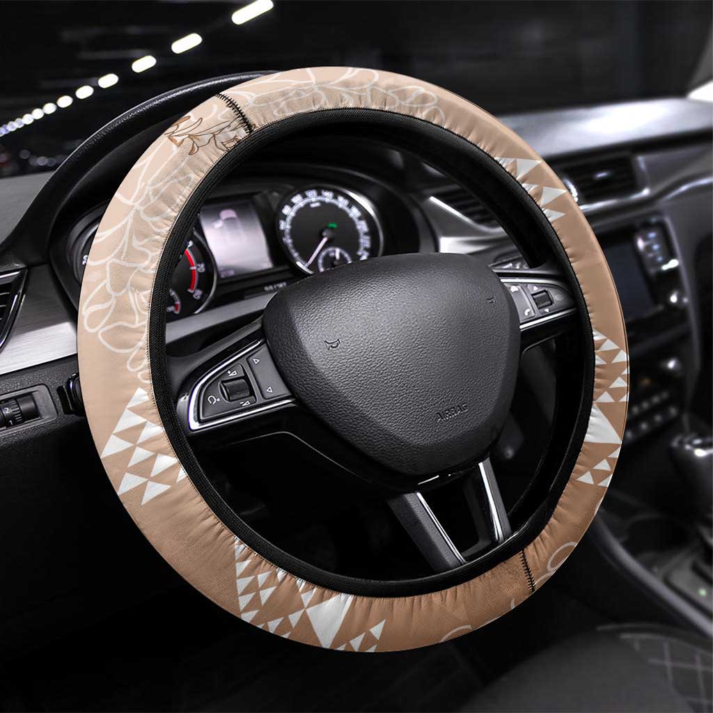 Hawaii Beige Kapa Steering Wheel Cover Vintage 'Ohe Kāpala Motifs Mix Plumeria Leis