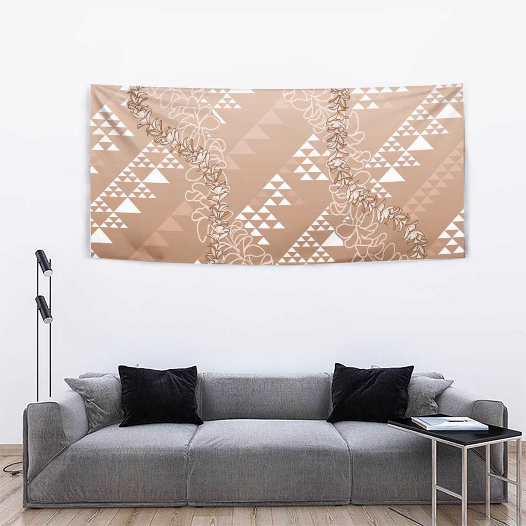 Hawaii Beige Kapa Tapestry Vintage 'Ohe Kāpala Motifs Mix Plumeria Leis