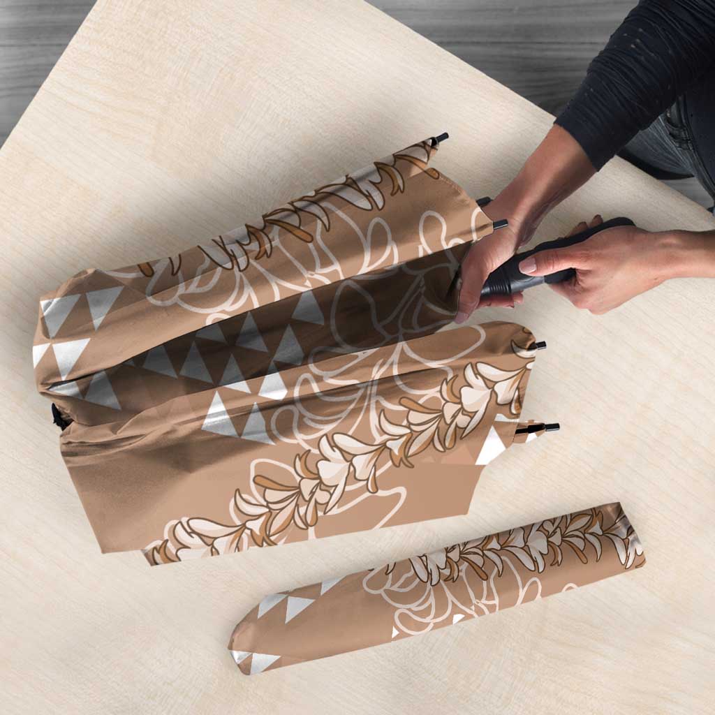 Hawaii Beige Kapa Umbrella Vintage 'Ohe Kāpala Motifs Mix Plumeria Leis